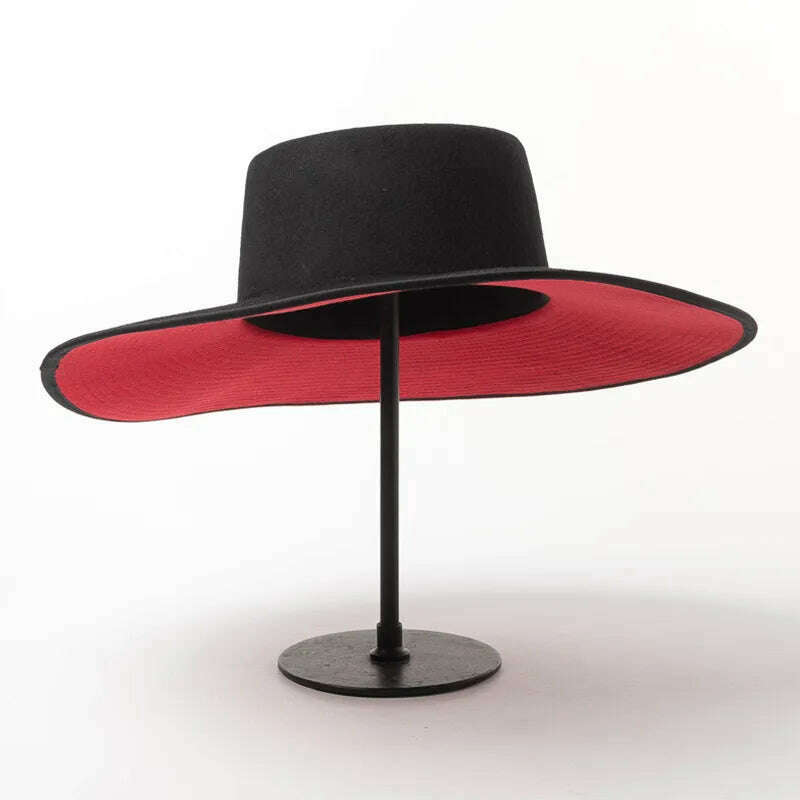 Classical Unisex Wide Brim Splice Two Tone Wool Fedora Winter Warm Wide Brim Women Hats Red Black Ladies Church Derby Dress Hat - KIMLUD