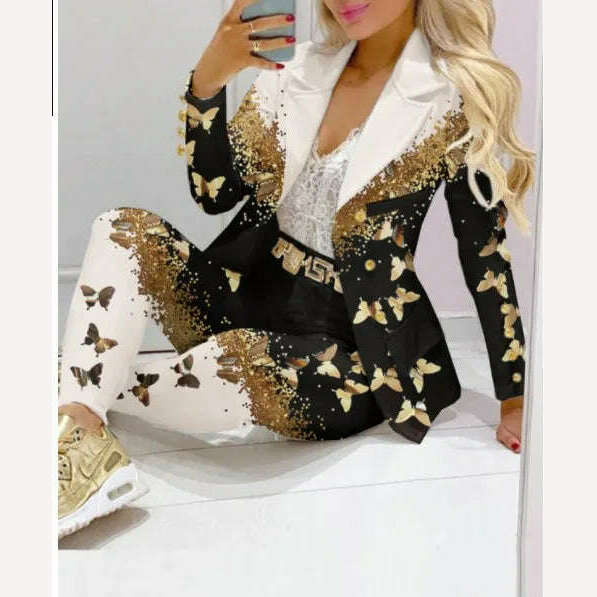 CM.YAYA Elegant INS Paisley Butterfly Blazer Suit and Pants Two 2 Piece Set for Women 2022 Autumn Winter Street Outfit Tracksuit - KIMLUD