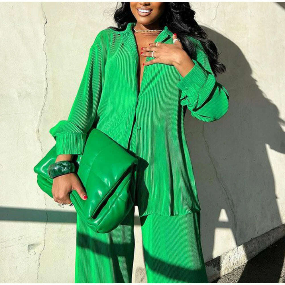 CM.YAYA Pleated Women's Set Long Sleeve Shirt Tops and Straight Wide Leg Pants Elegant Tracksuit Two 2 Piece Set Fitness Outfits - KIMLUD