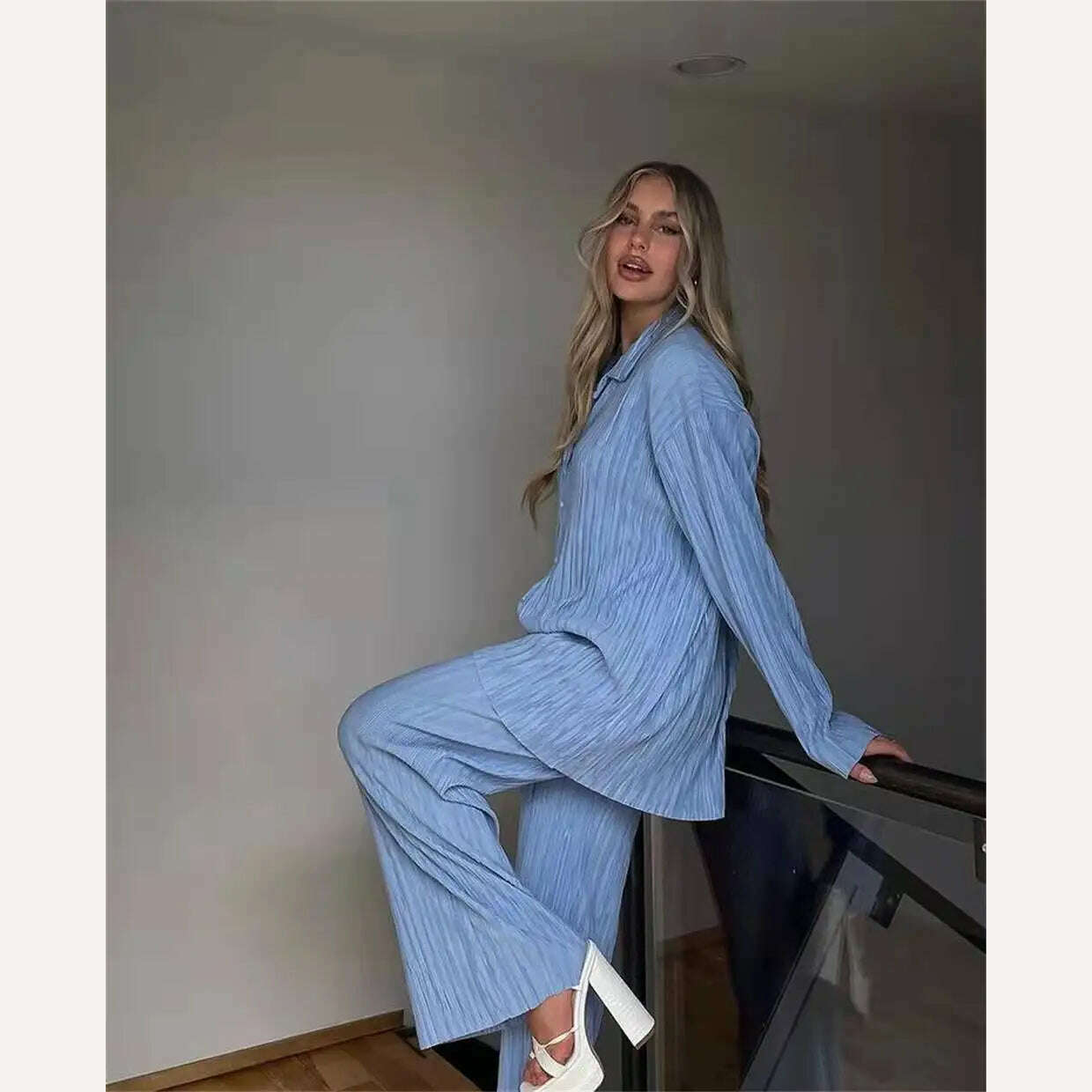 CM.YAYA Pleated Women's Set Long Sleeve Shirt Tops and Straight Wide Leg Pants Elegant Tracksuit Two 2 Piece Set Fitness Outfits - KIMLUD