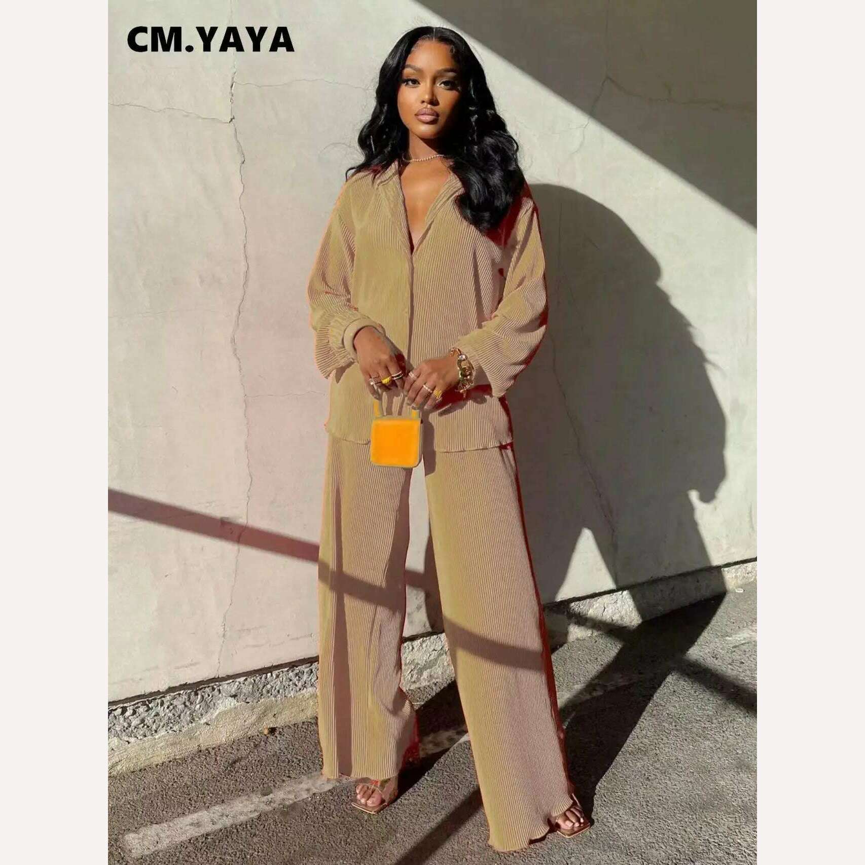 CM.YAYA Pleated Women's Set Long Sleeve Shirt Tops and Straight Wide Leg Pants Elegant Tracksuit Two 2 Piece Set Fitness Outfits - KIMLUD