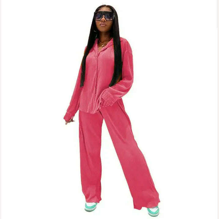 CM.YAYA Pleated Women's Set Long Sleeve Shirt Tops and Straight Wide Leg Pants Elegant Tracksuit Two 2 Piece Set Fitness Outfits - KIMLUD