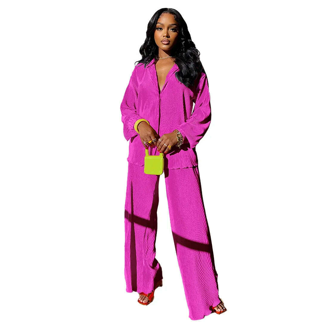 CM.YAYA Pleated Women's Set Long Sleeve Shirt Tops and Straight Wide Leg Pants Elegant Tracksuit Two 2 Piece Set Fitness Outfits - KIMLUD