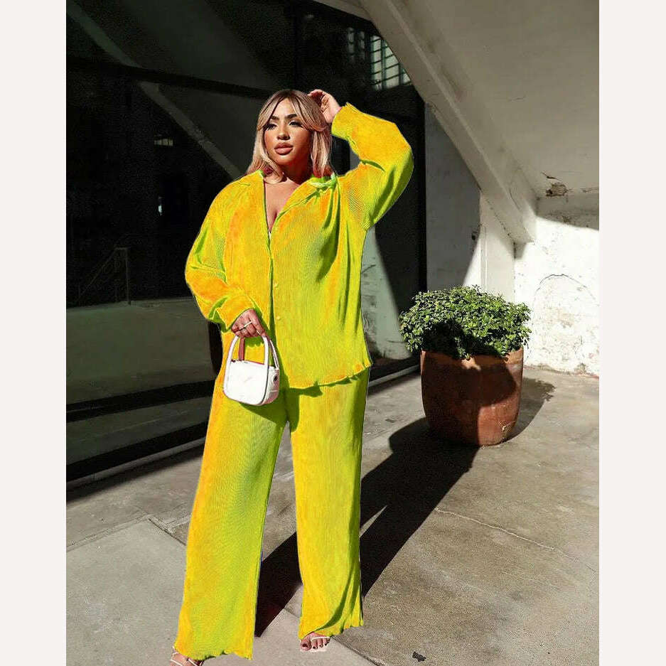 CM.YAYA Pleated Women's Set Long Sleeve Shirt Tops and Straight Wide Leg Pants Elegant Tracksuit Two 2 Piece Set Fitness Outfits - KIMLUD