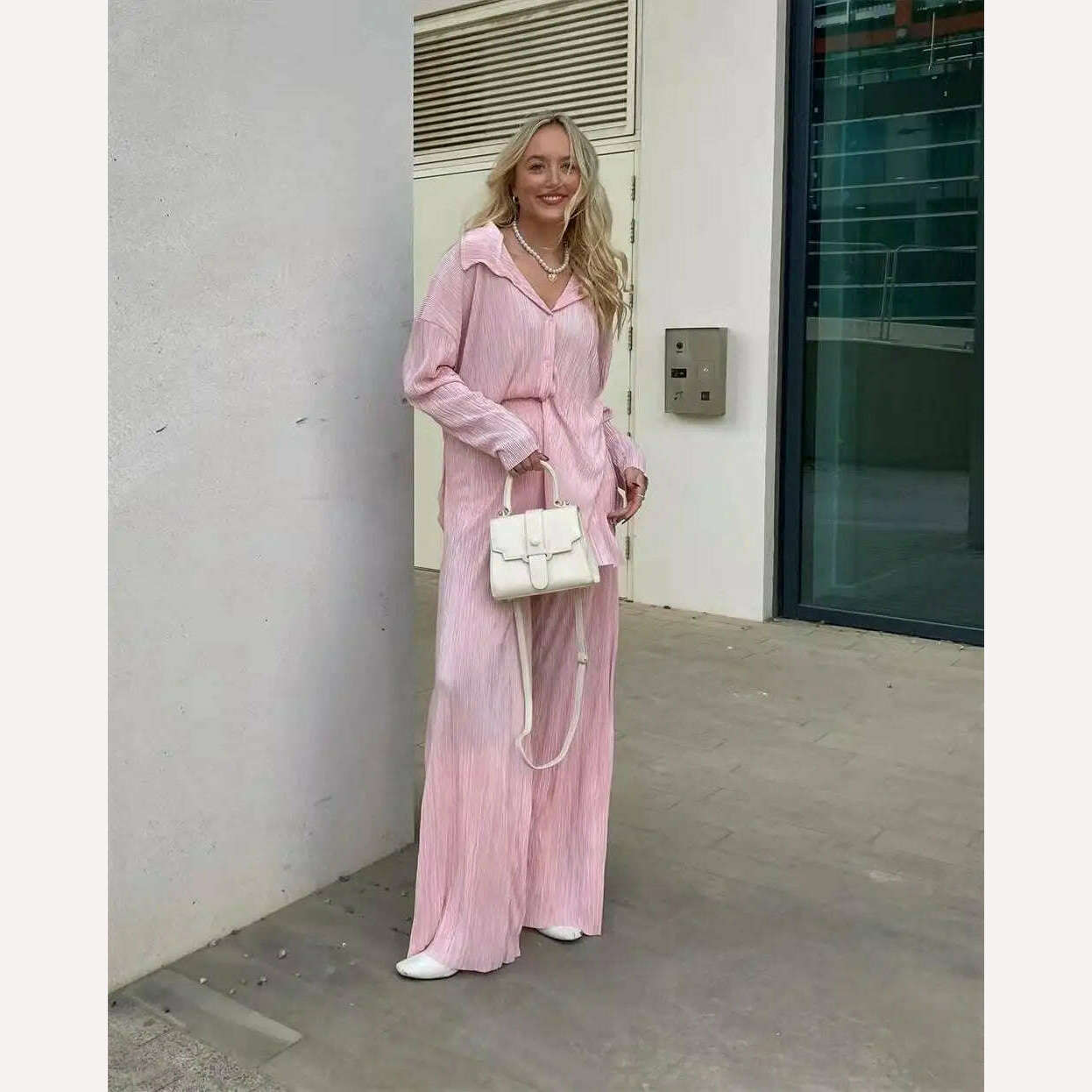 CM.YAYA Pleated Women's Set Long Sleeve Shirt Tops and Straight Wide Leg Pants Elegant Tracksuit Two 2 Piece Set Fitness Outfits - KIMLUD