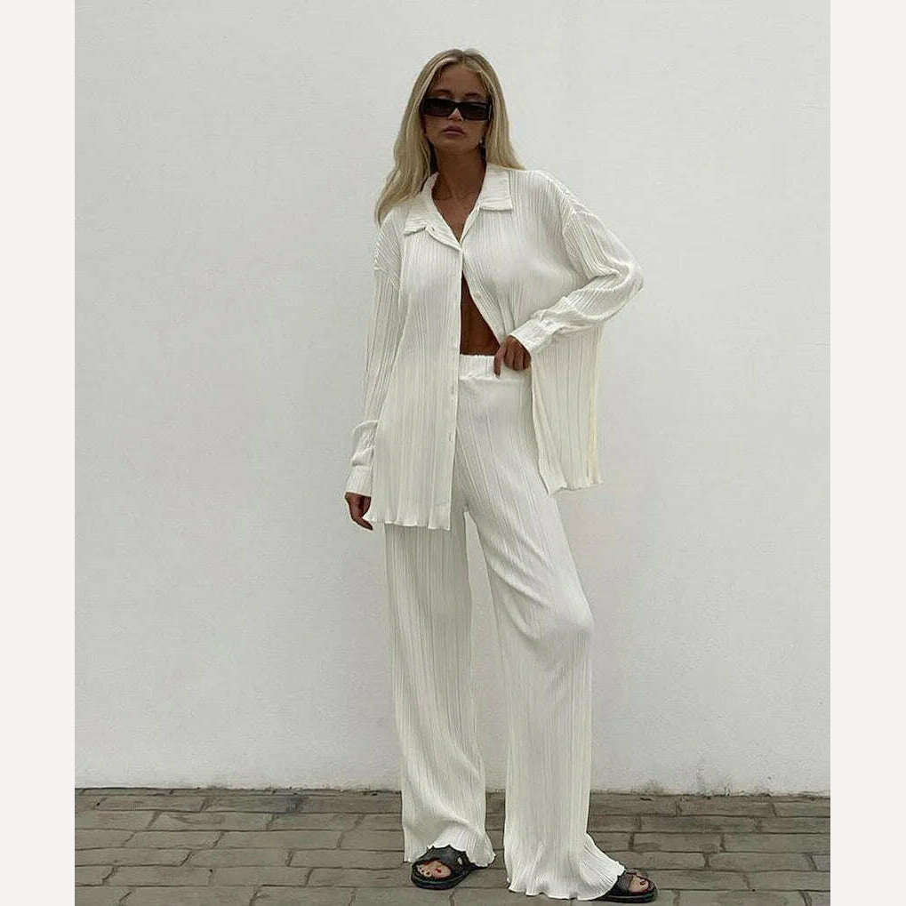CM.YAYA Pleated Women's Set Long Sleeve Shirt Tops and Straight Wide Leg Pants Elegant Tracksuit Two 2 Piece Set Fitness Outfits - KIMLUD