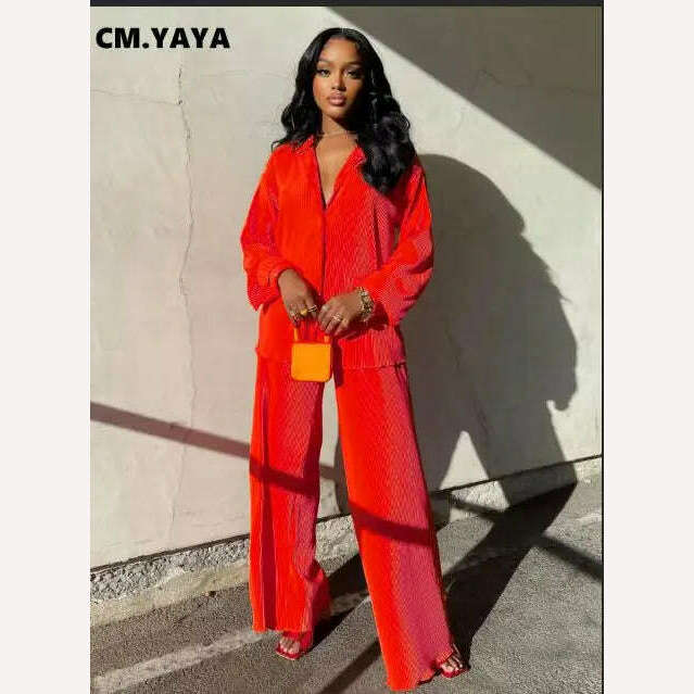 CM.YAYA Pleated Women's Set Long Sleeve Shirt Tops and Straight Wide Leg Pants Elegant Tracksuit Two 2 Piece Set Fitness Outfits - KIMLUD