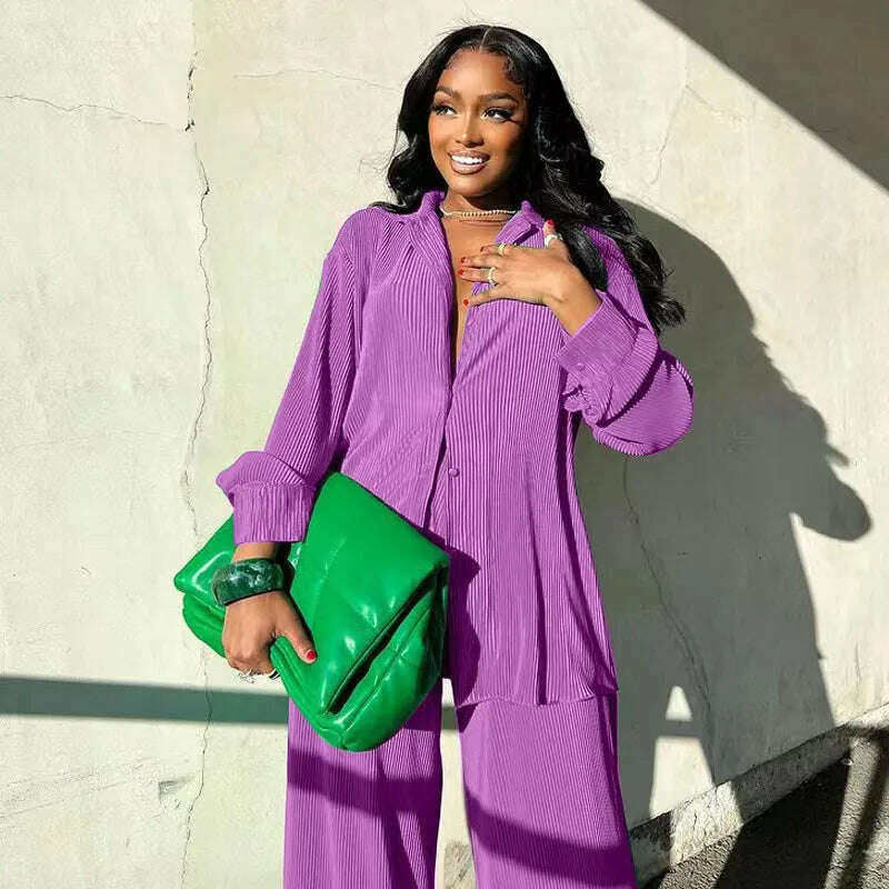 CM.YAYA Pleated Women's Set Long Sleeve Shirt Tops and Straight Wide Leg Pants Elegant Tracksuit Two 2 Piece Set Fitness Outfits - KIMLUD