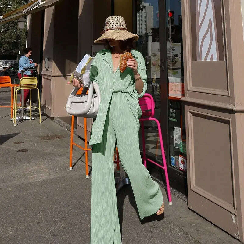 CM.YAYA Pleated Women's Set Long Sleeve Shirt Tops and Straight Wide Leg Pants Elegant Tracksuit Two 2 Piece Set Fitness Outfits - KIMLUD