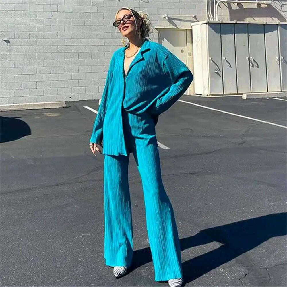 CM.YAYA Pleated Women's Set Long Sleeve Shirt Tops and Straight Wide Leg Pants Elegant Tracksuit Two 2 Piece Set Fitness Outfits - KIMLUD