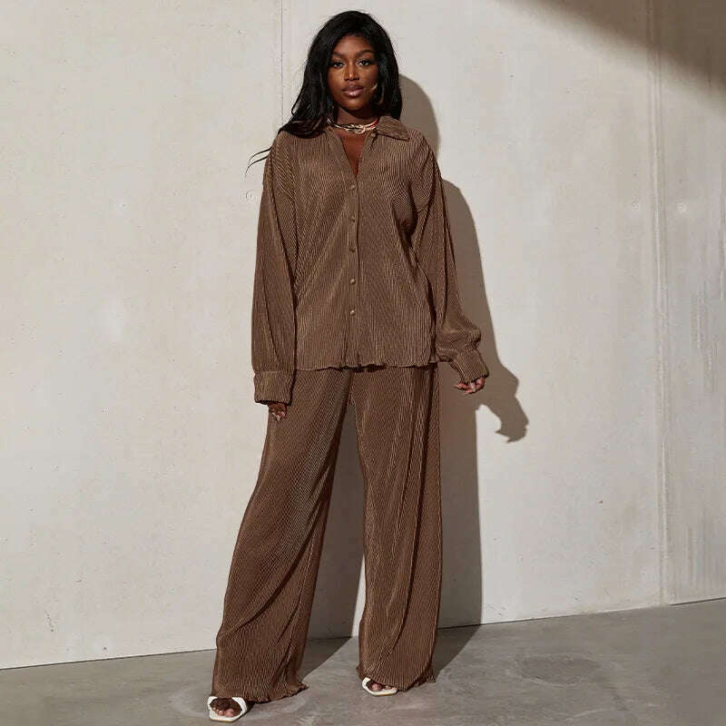 CM.YAYA Pleated Women's Set Long Sleeve Shirt Tops and Straight Wide Leg Pants Elegant Tracksuit Two 2 Piece Set Fitness Outfits - KIMLUD
