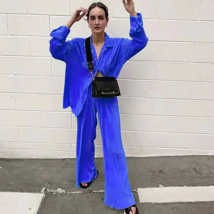 CM.YAYA Pleated Women's Set Long Sleeve Shirt Tops and Straight Wide Leg Pants Elegant Tracksuit Two 2 Piece Set Fitness Outfits - KIMLUD