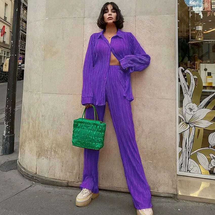 CM.YAYA Pleated Women's Set Long Sleeve Shirt Tops and Straight Wide Leg Pants Elegant Tracksuit Two 2 Piece Set Fitness Outfits - KIMLUD