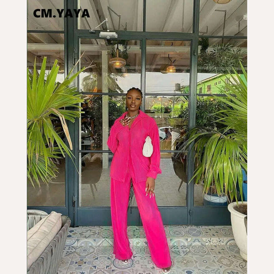 CM.YAYA Pleated Women's Set Long Sleeve Shirt Tops and Straight Wide Leg Pants Elegant Tracksuit Two 2 Piece Set Fitness Outfits - KIMLUD