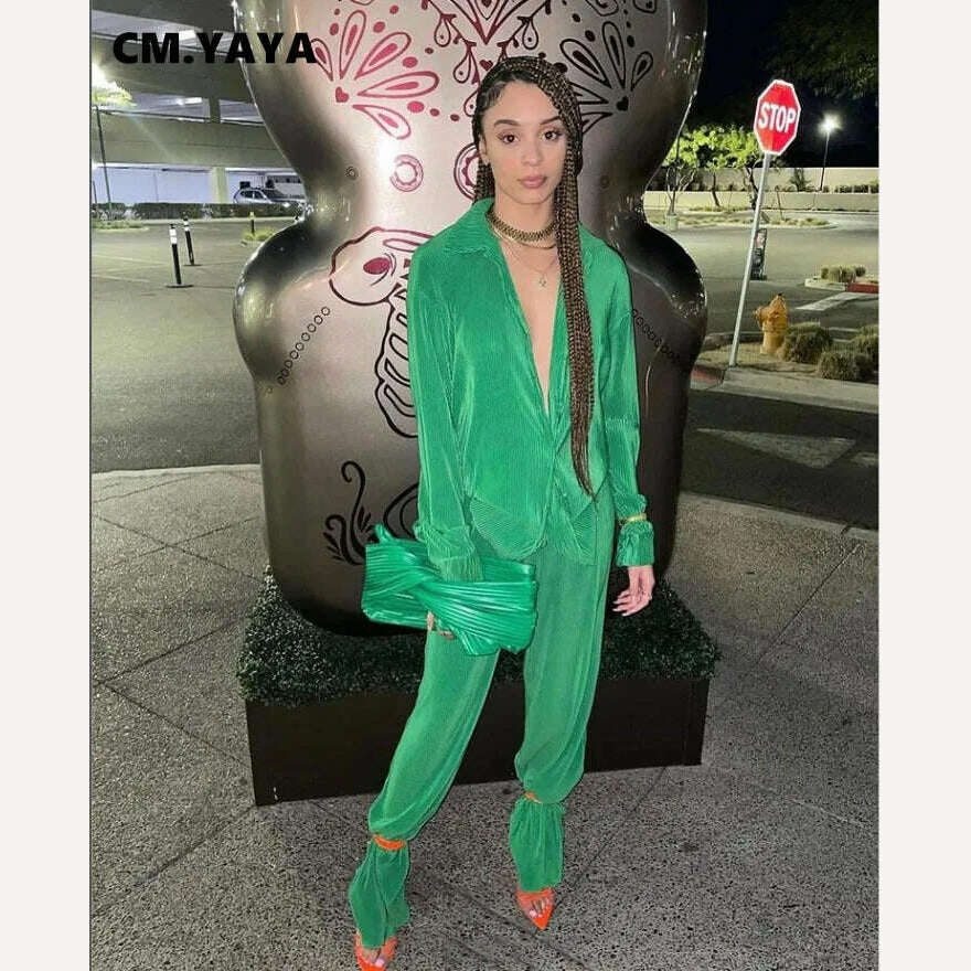 CM.YAYA Pleated Women's Set Long Sleeve Shirt Tops and Straight Wide Leg Pants Elegant Tracksuit Two 2 Piece Set Fitness Outfits - KIMLUD