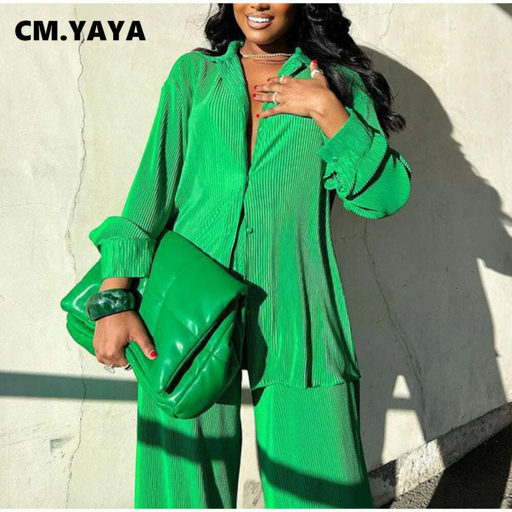 CM.YAYA Pleated Women's Set Long Sleeve Shirt Tops and Straight Wide Leg Pants Elegant Tracksuit Two 2 Piece Set Fitness Outfits - KIMLUD