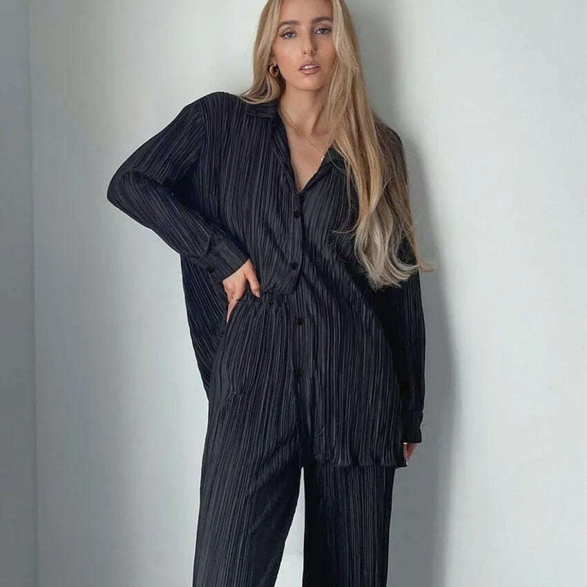 CM.YAYA Pleated Women's Set Long Sleeve Shirt Tops and Straight Wide Leg Pants Elegant Tracksuit Two 2 Piece Set Fitness Outfits - KIMLUD
