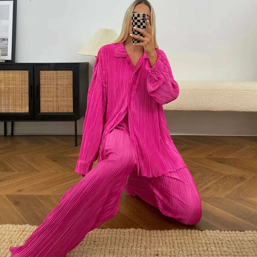CM.YAYA Pleated Women's Set Long Sleeve Shirt Tops and Straight Wide Leg Pants Elegant Tracksuit Two 2 Piece Set Fitness Outfits - KIMLUD