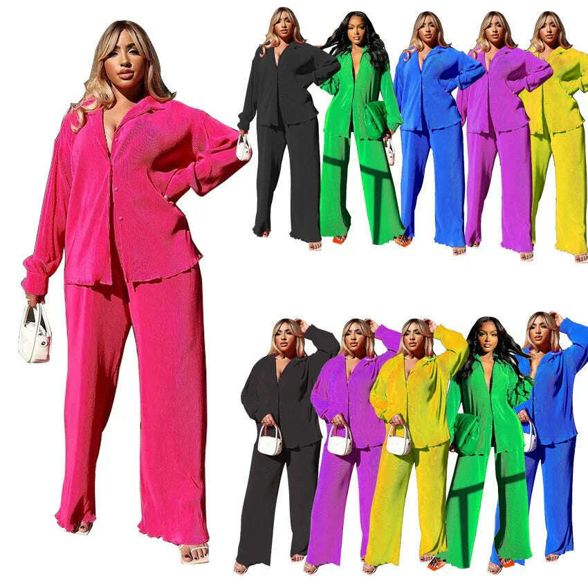 CM.YAYA Pleated Women's Set Long Sleeve Shirt Tops and Straight Wide Leg Pants Elegant Tracksuit Two 2 Piece Set Fitness Outfits - KIMLUD