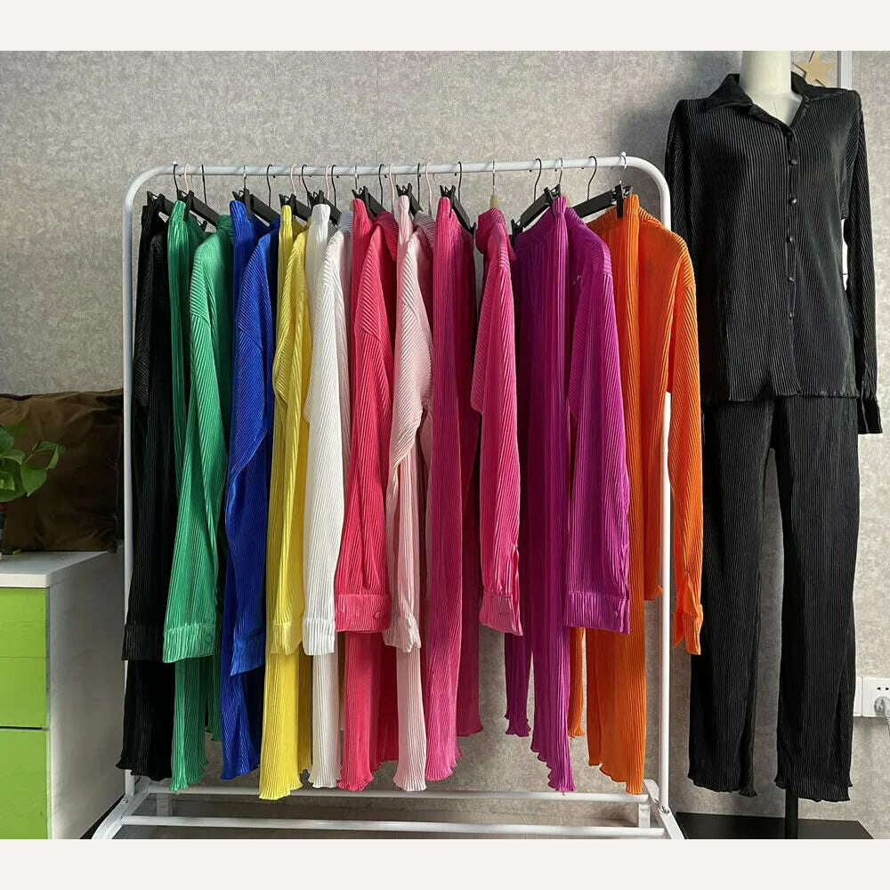 CM.YAYA Pleated Women's Set Long Sleeve Shirt Tops and Straight Wide Leg Pants Elegant Tracksuit Two 2 Piece Set Fitness Outfits - KIMLUD