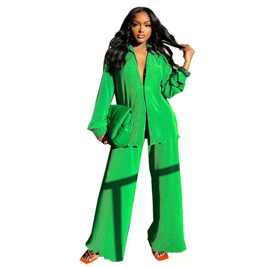 CM.YAYA Pleated Women's Set Long Sleeve Shirt Tops and Straight Wide Leg Pants Elegant Tracksuit Two 2 Piece Set Fitness Outfits - KIMLUD
