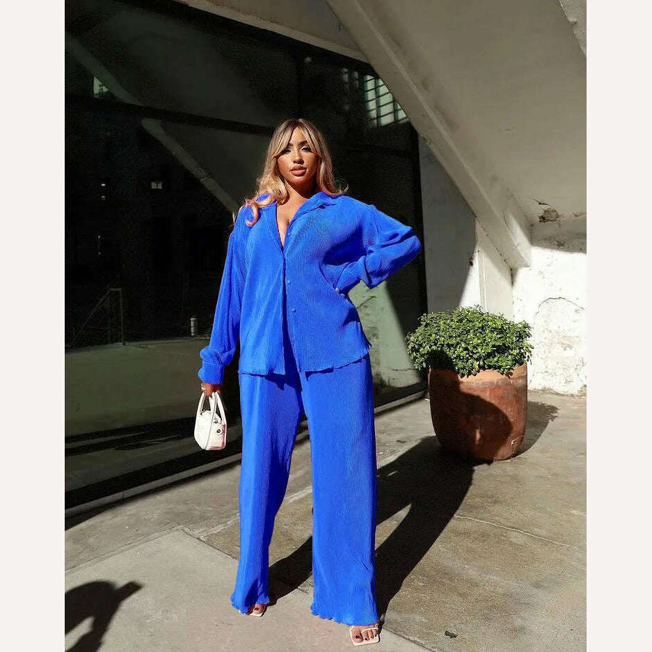 CM.YAYA Pleated Women's Set Long Sleeve Shirt Tops and Straight Wide Leg Pants Elegant Tracksuit Two 2 Piece Set Fitness Outfits - KIMLUD