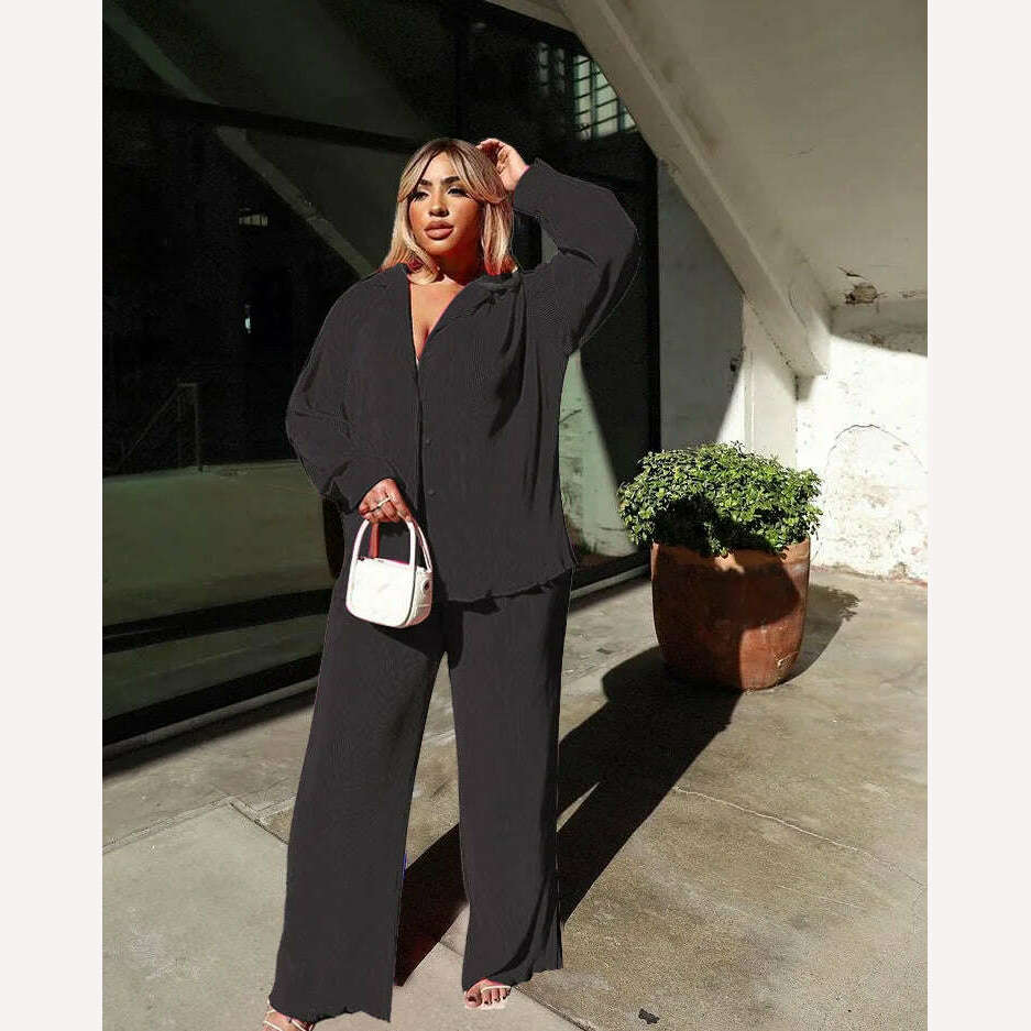 CM.YAYA Pleated Women's Set Long Sleeve Shirt Tops and Straight Wide Leg Pants Elegant Tracksuit Two 2 Piece Set Fitness Outfits - KIMLUD