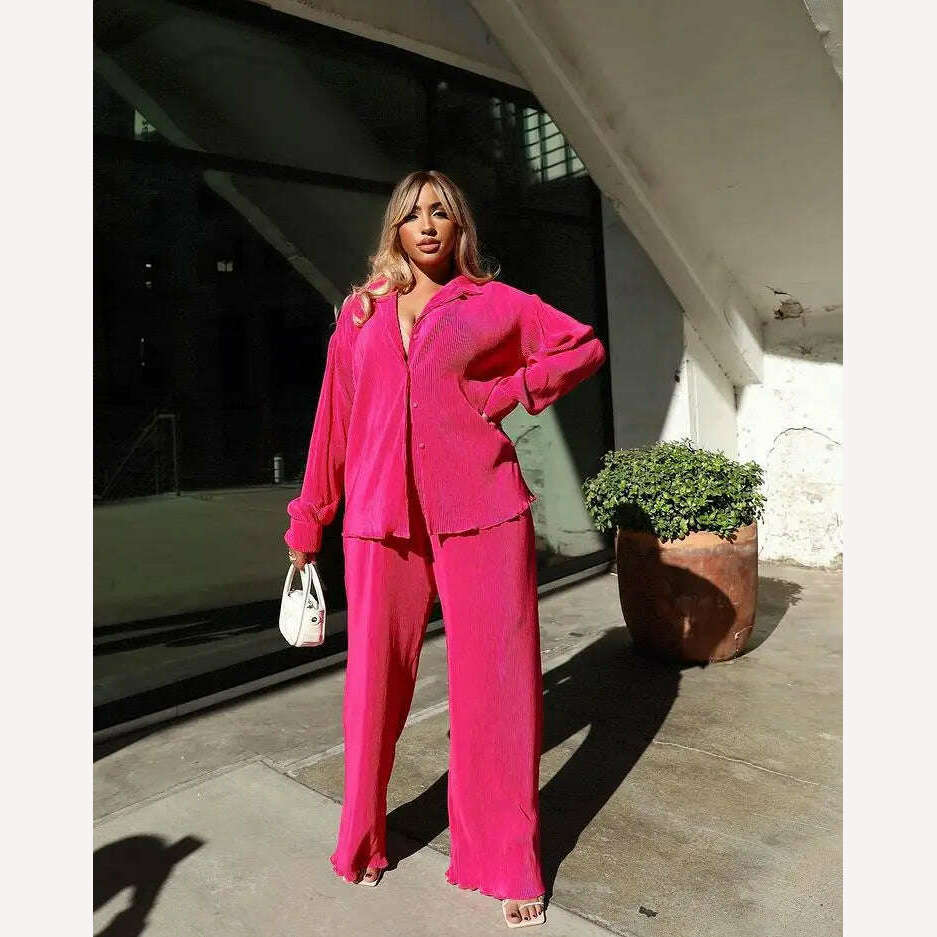 CM.YAYA Pleated Women's Set Long Sleeve Shirt Tops and Straight Wide Leg Pants Elegant Tracksuit Two 2 Piece Set Fitness Outfits - KIMLUD