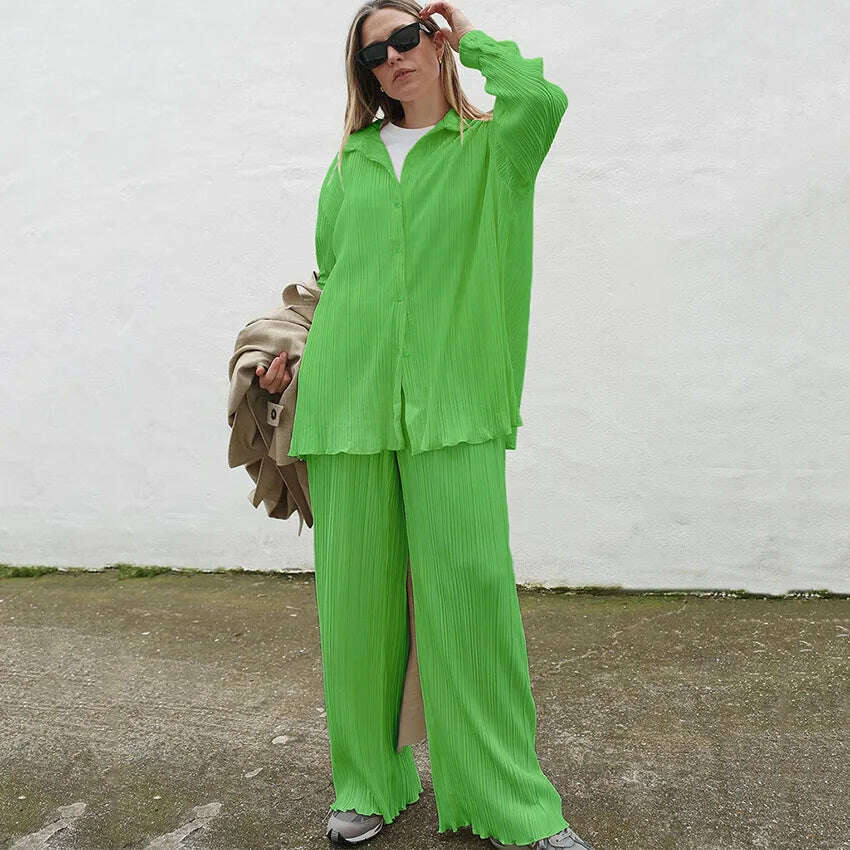 CM.YAYA Pleated Women's Set Long Sleeve Shirt Tops and Straight Wide Leg Pants Elegant Tracksuit Two 2 Piece Set Fitness Outfits - KIMLUD