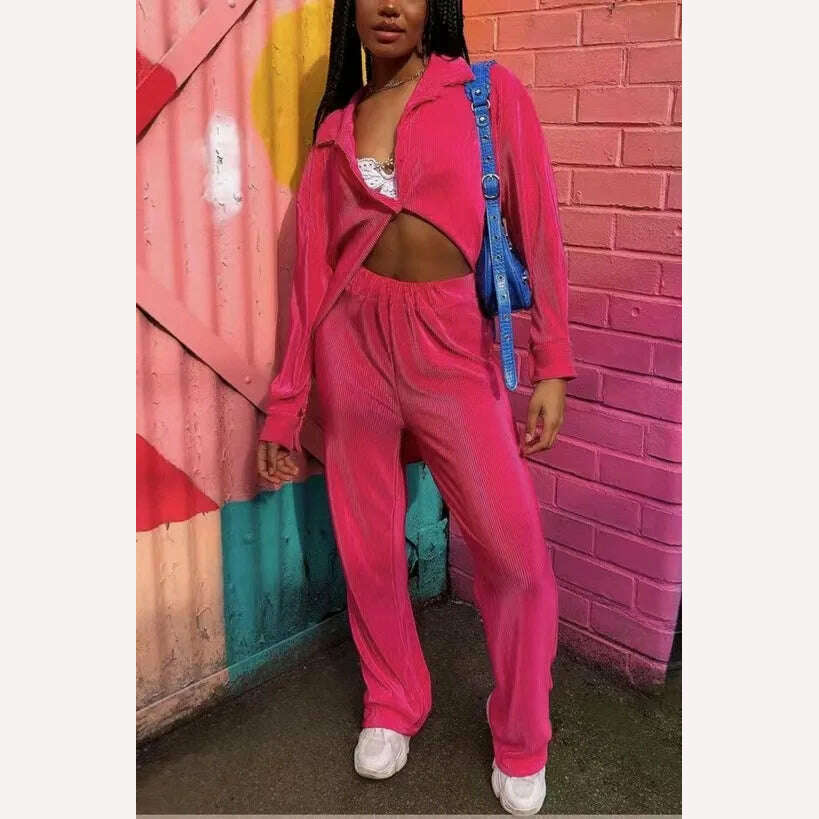 CM.YAYA Pleated Women's Set Long Sleeve Shirt Tops and Straight Wide Leg Pants Elegant Tracksuit Two 2 Piece Set Fitness Outfits - KIMLUD