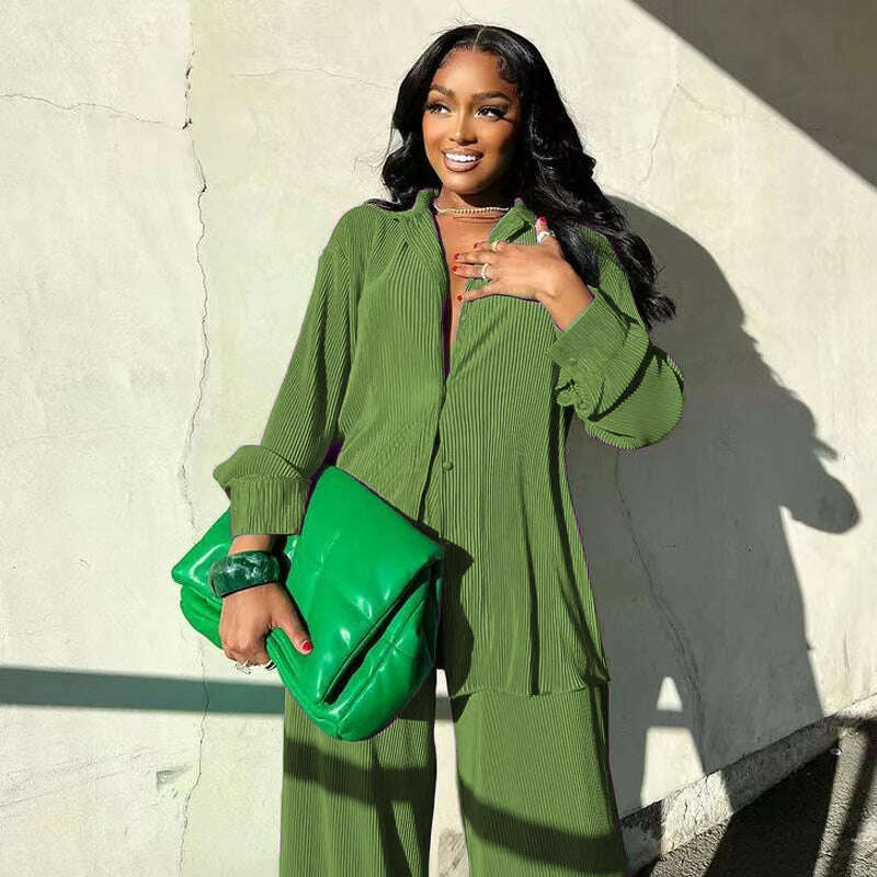 CM.YAYA Pleated Women's Set Long Sleeve Shirt Tops and Straight Wide Leg Pants Elegant Tracksuit Two 2 Piece Set Fitness Outfits - KIMLUD
