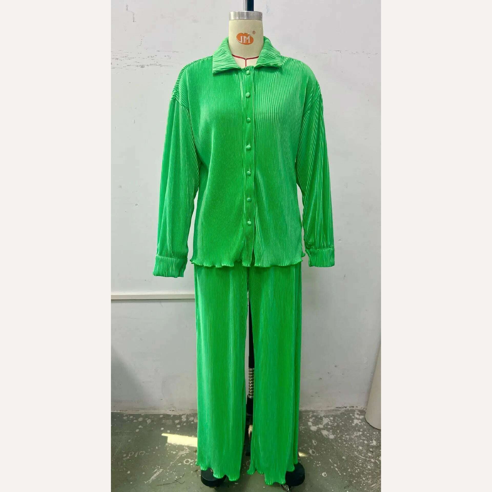 CM.YAYA Pleated Women's Set Long Sleeve Shirt Tops and Straight Wide Leg Pants Elegant Tracksuit Two 2 Piece Set Fitness Outfits - KIMLUD
