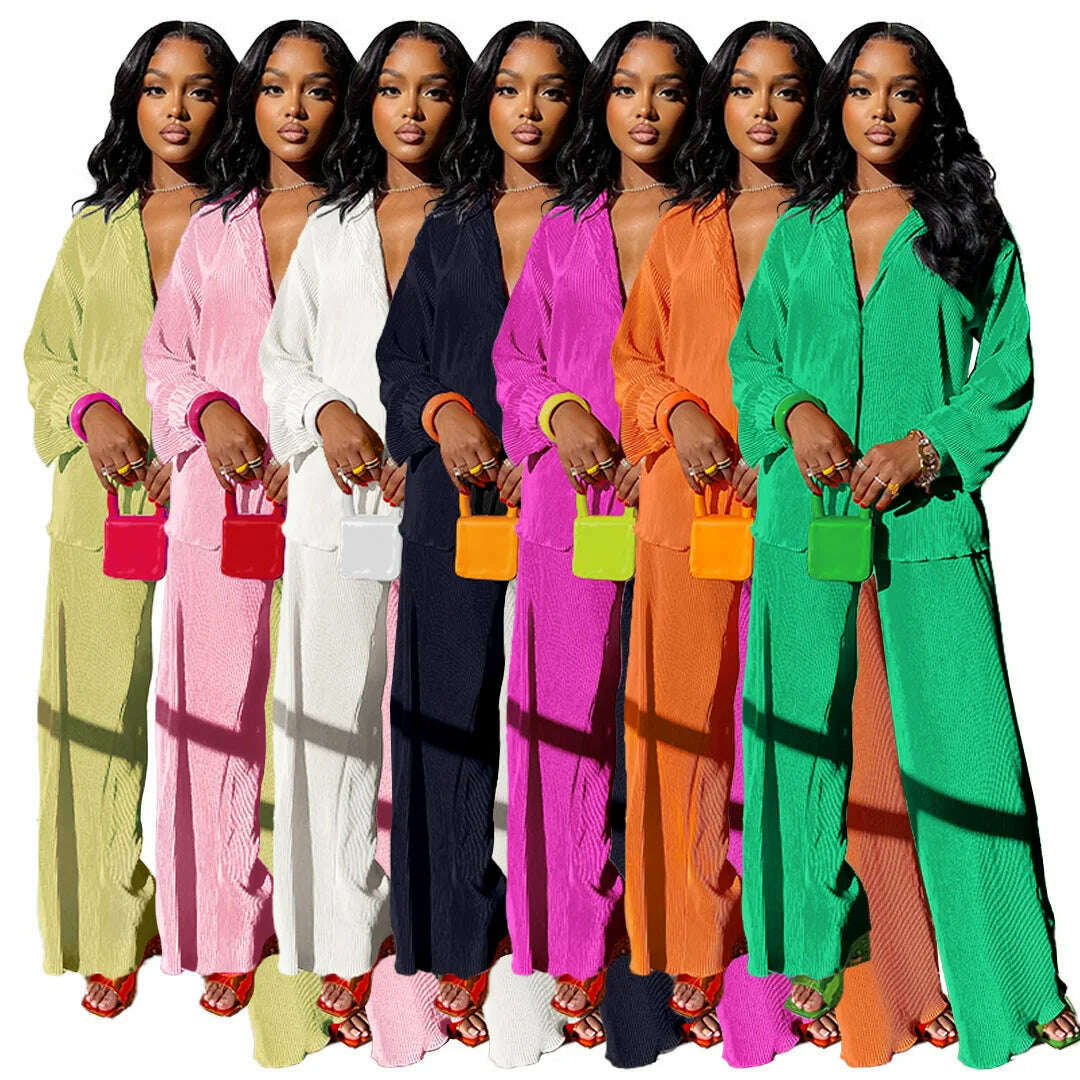 CM.YAYA Street Women's Set Long Sleeve Shirt Tops and Wide Leg Pants Elegant Tracksuit Two Piece Set Sweatsuit Fitness Outfits - KIMLUD