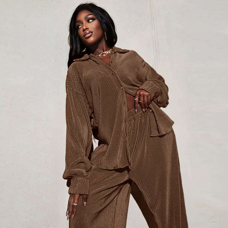 CM.YAYA Street Women's Set Long Sleeve Shirt Tops and Wide Leg Pants Elegant Tracksuit Two Piece Set Sweatsuit Fitness Outfits - KIMLUD