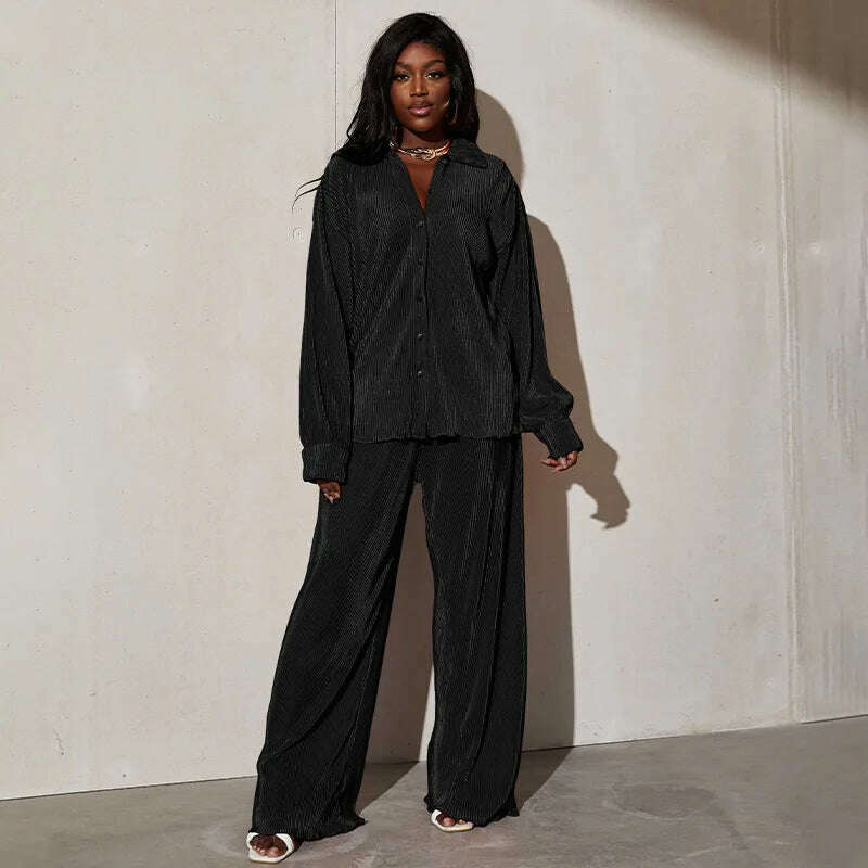 CM.YAYA Street Women's Set Long Sleeve Shirt Tops and Wide Leg Pants Elegant Tracksuit Two Piece Set Sweatsuit Fitness Outfits - KIMLUD