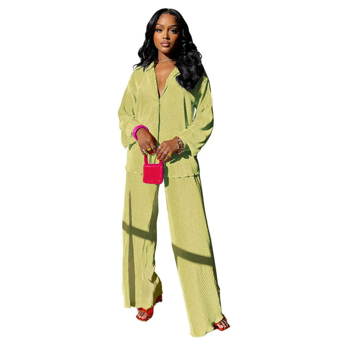 CM.YAYA Street Women's Set Long Sleeve Shirt Tops and Wide Leg Pants Elegant Tracksuit Two Piece Set Sweatsuit Fitness Outfits - KIMLUD