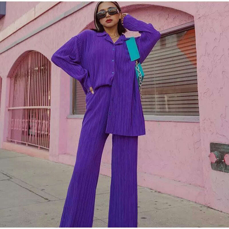 CM.YAYA Street Women's Set Long Sleeve Shirt Tops and Wide Leg Pants Elegant Tracksuit Two Piece Set Sweatsuit Fitness Outfits - KIMLUD