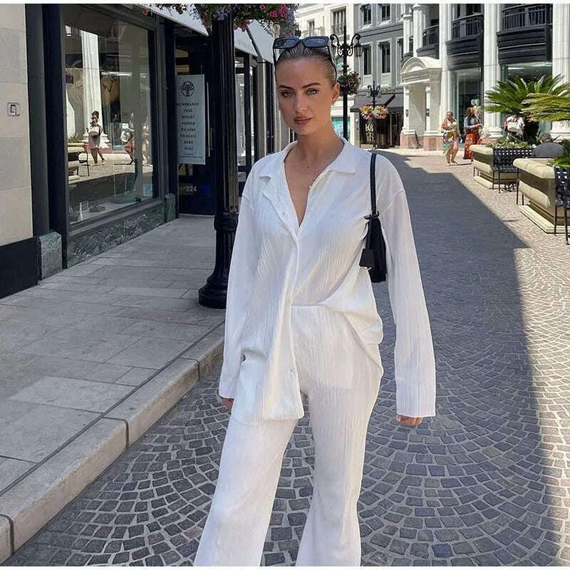 CM.YAYA Street Women's Set Long Sleeve Shirt Tops and Wide Leg Pants Elegant Tracksuit Two Piece Set Sweatsuit Fitness Outfits - KIMLUD