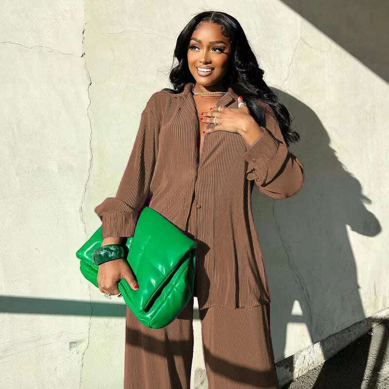 CM.YAYA Street Women's Set Long Sleeve Shirt Tops and Wide Leg Pants Elegant Tracksuit Two Piece Set Sweatsuit Fitness Outfits - KIMLUD