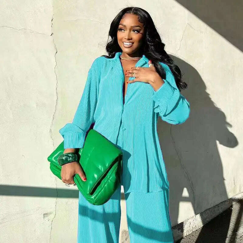 CM.YAYA Street Women's Set Long Sleeve Shirt Tops and Wide Leg Pants Elegant Tracksuit Two Piece Set Sweatsuit Fitness Outfits - KIMLUD