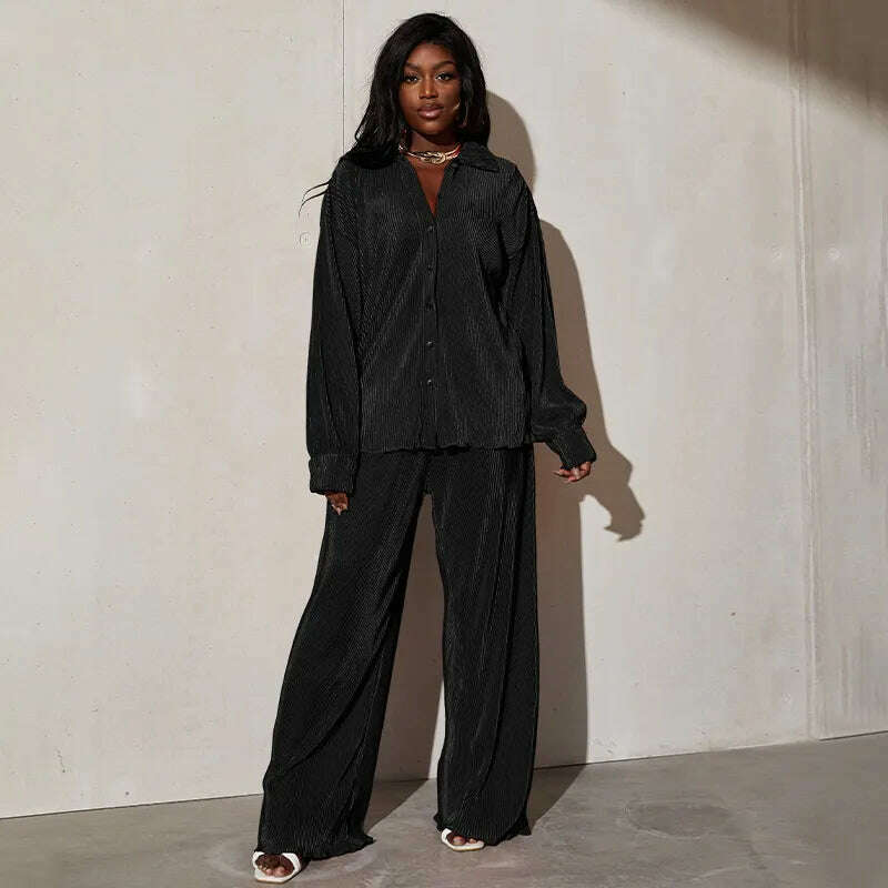 CM.YAYA Street Women's Set Long Sleeve Shirt Tops and Wide Leg Pants Elegant Tracksuit Two Piece Set Sweatsuit Fitness Outfits - KIMLUD