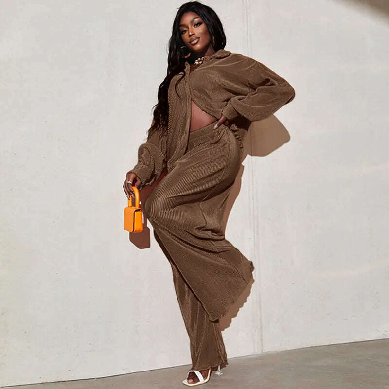 CM.YAYA Street Women's Set Long Sleeve Shirt Tops and Wide Leg Pants Elegant Tracksuit Two Piece Set Sweatsuit Fitness Outfits - KIMLUD