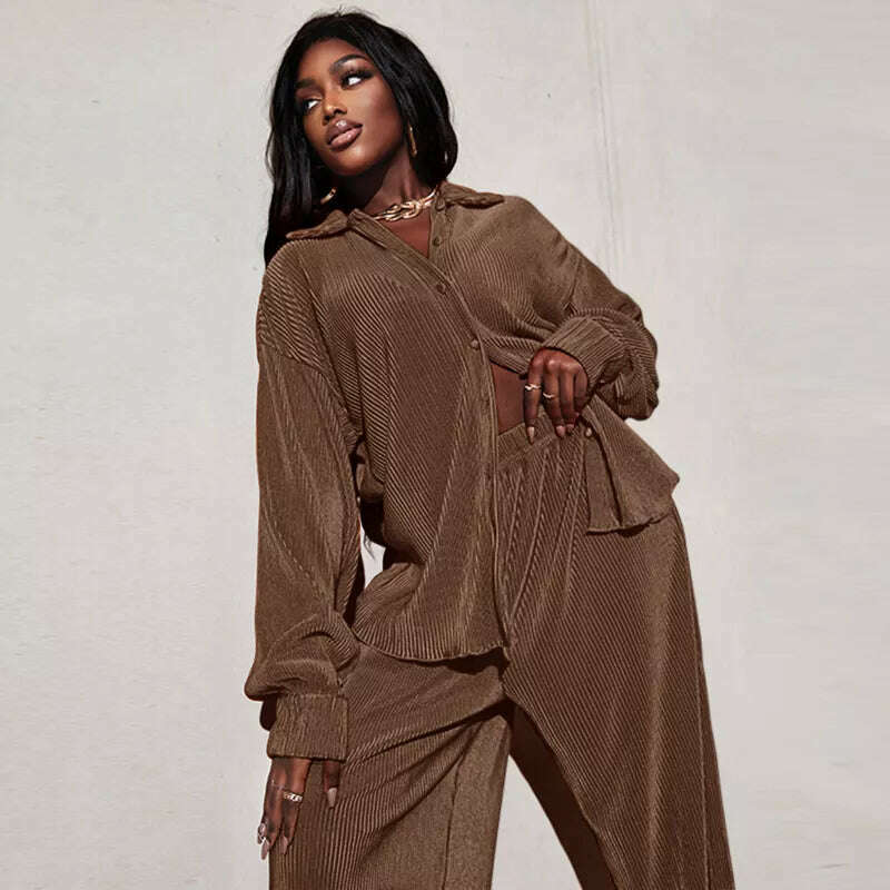 CM.YAYA Street Women's Set Long Sleeve Shirt Tops and Wide Leg Pants Elegant Tracksuit Two Piece Set Sweatsuit Fitness Outfits - KIMLUD