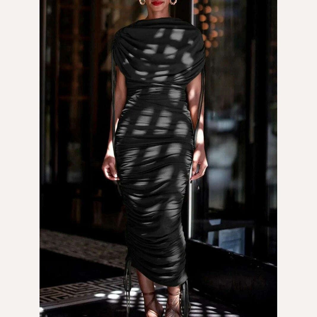CM.YAYA Women Butterfly Sleeve Drawstring Ruched Stacked Birthday Bodycon Midi Maxi Dress 2024 Even Party Long Dresses Vestidos - KIMLUD