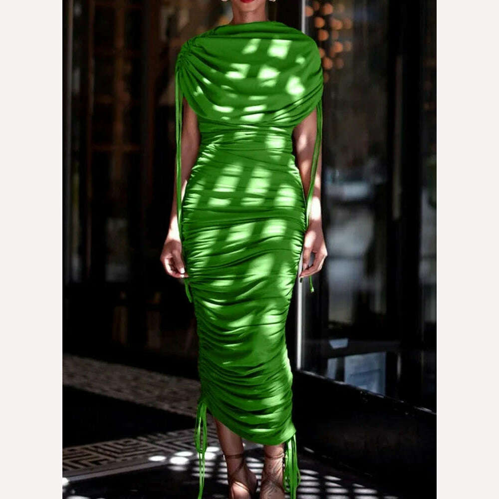 CM.YAYA Women Butterfly Sleeve Drawstring Ruched Stacked Birthday Bodycon Midi Maxi Dress 2024 Even Party Long Dresses Vestidos - KIMLUD