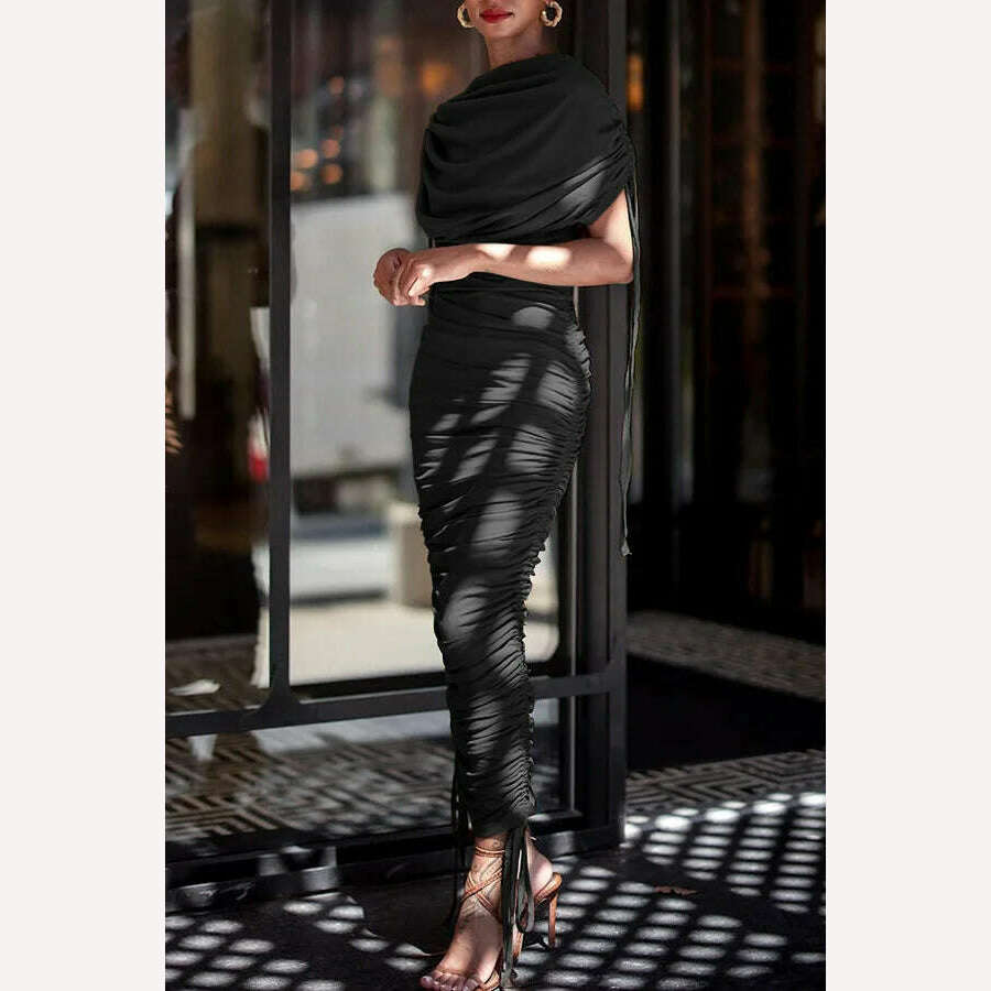 CM.YAYA Women Butterfly Sleeve Drawstring Ruched Stacked Birthday Bodycon Midi Maxi Dress 2024 Even Party Long Dresses Vestidos - KIMLUD