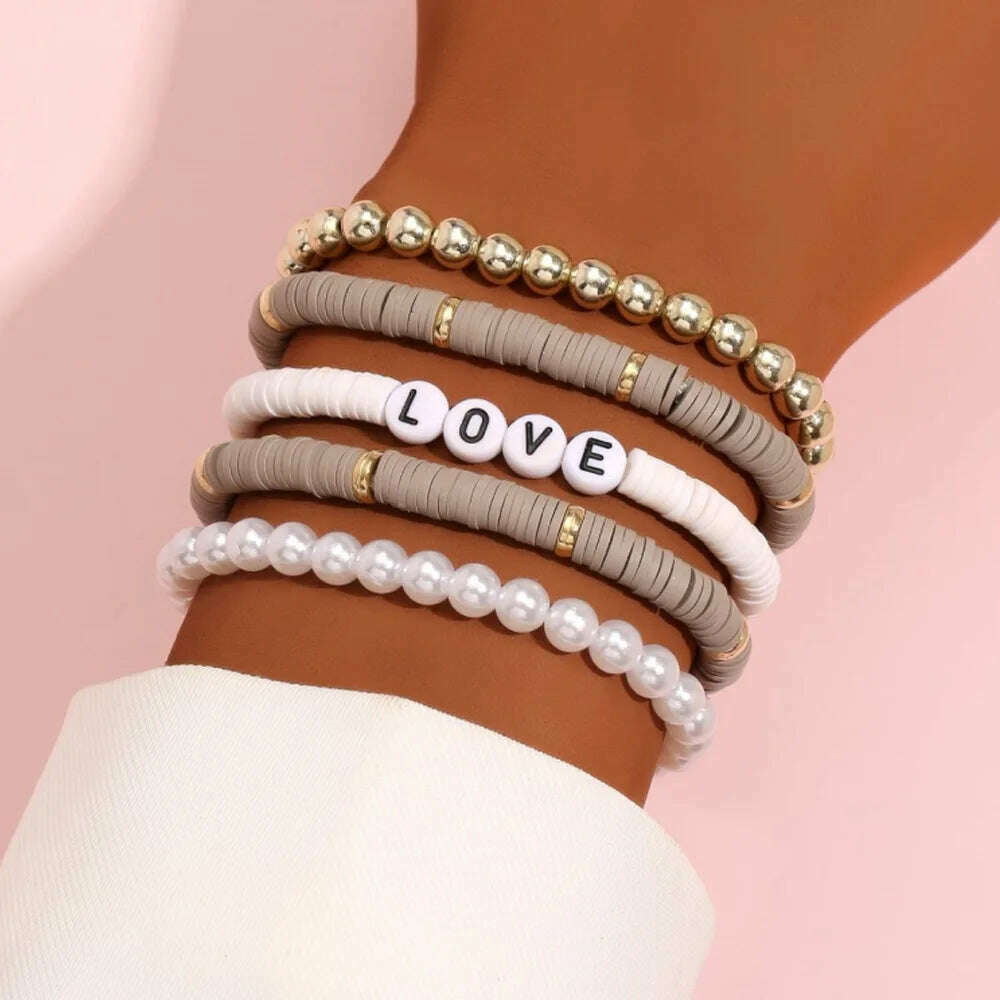 Colorful Stackable Love Letter Bracelets for Women soft clay pottery Layering Friendship Beads Chain Bangle Boho Jewelry Gift - KIMLUD