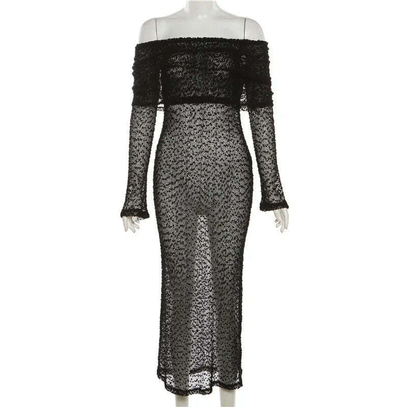 Crocheted Mesh Sheer Dress Women Bodycon Cocktail Long Evening Clothes Ladies Fall Elegant Luxury Long Sexy Party Knit Dresses - KIMLUD