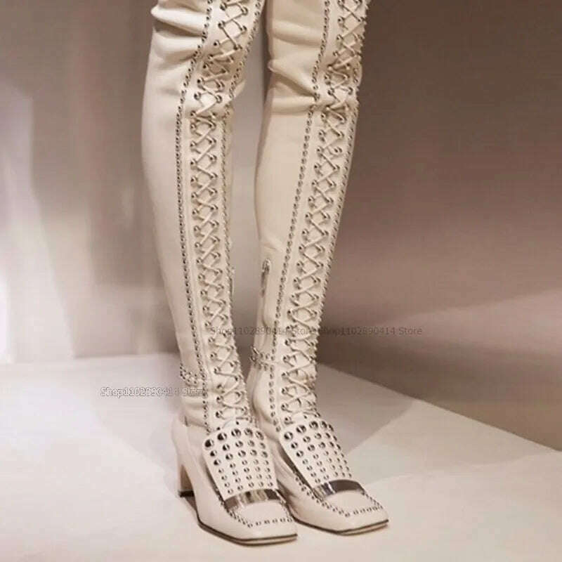 Cross Tied Square Toe Rivet Decor Boots Matte Leather Over the Knee Women Shoes Square Heel Novel Fashionable Zapatillas Mujer - KIMLUD