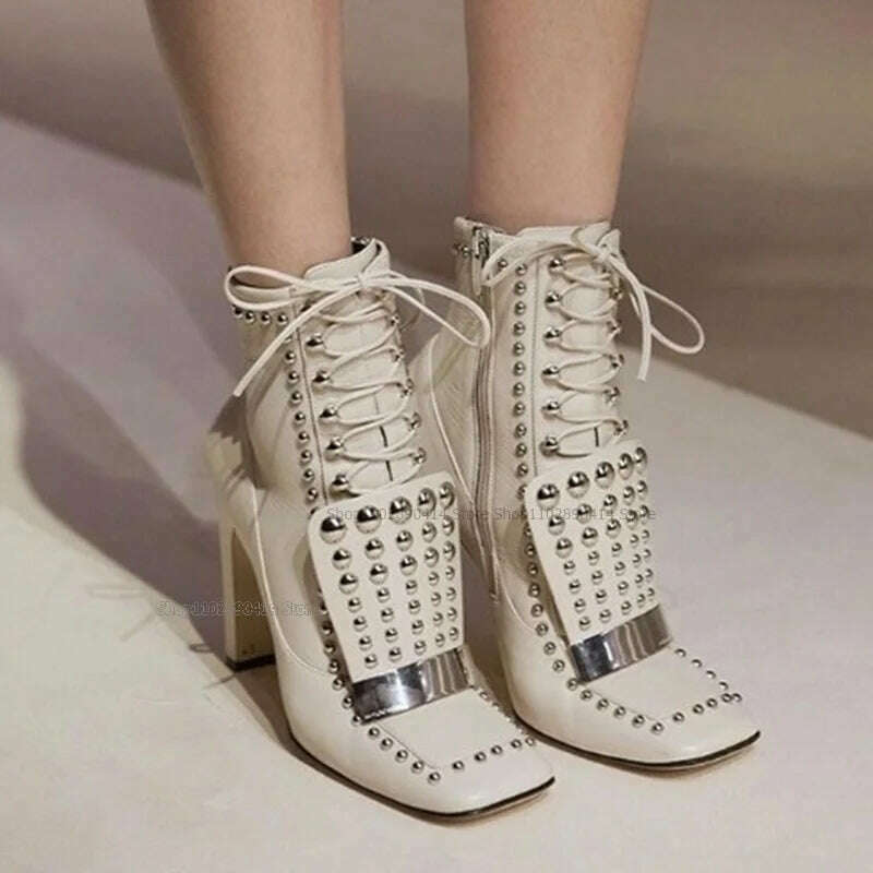 Cross Tied Square Toe Rivet Decor Boots Matte Leather Over the Knee Women Shoes Square Heel Novel Fashionable Zapatillas Mujer - KIMLUD